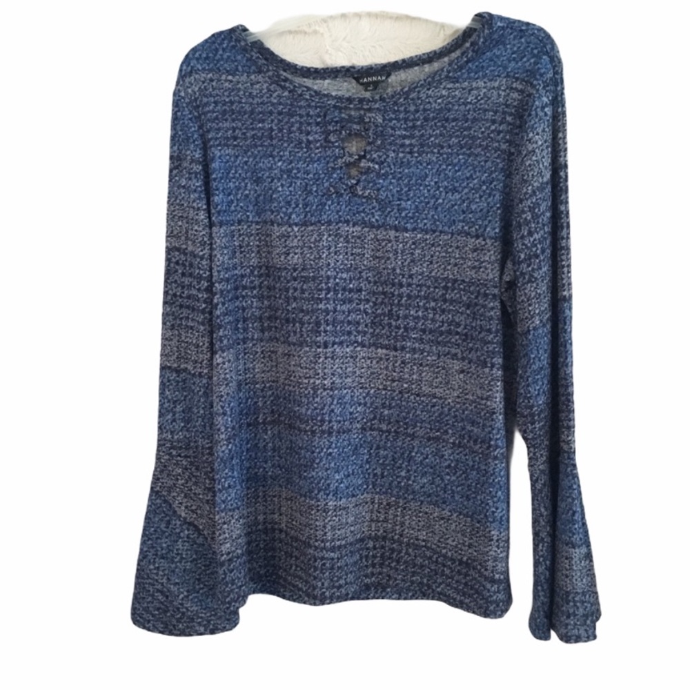 Hannah Tie Front Top Blue Fluted Bell Sleeve Stretch Blouse Sz L NWT Cottagecore